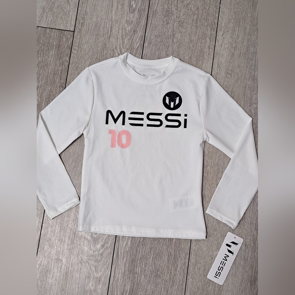 New Little Boys MESSI White Long Sleeve Swim Rash Guard. Size XS(4/5) & S(6).